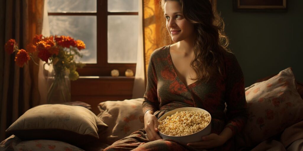 pregnant lady eating popcorn