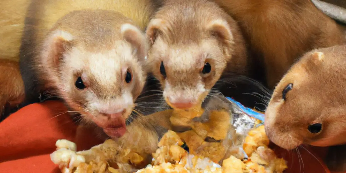 3 ferrets eating popcorn