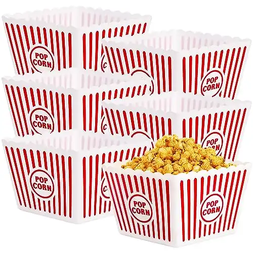 Bekith 6 Pack Plastic Open-Top Reusable Popcorn Boxes, Popcorn Containers Bucket Tub for Movie Night, 9" Square x 6" Tall
