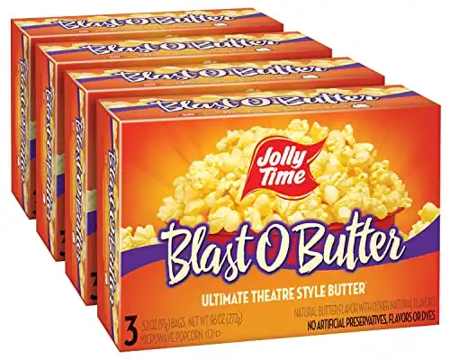 Jolly Time Blast O Butter, Ultimate Movie Theater Butter Microwave Popcorn (Blast O Butter, 3.2 Ounce (Pack of 12))